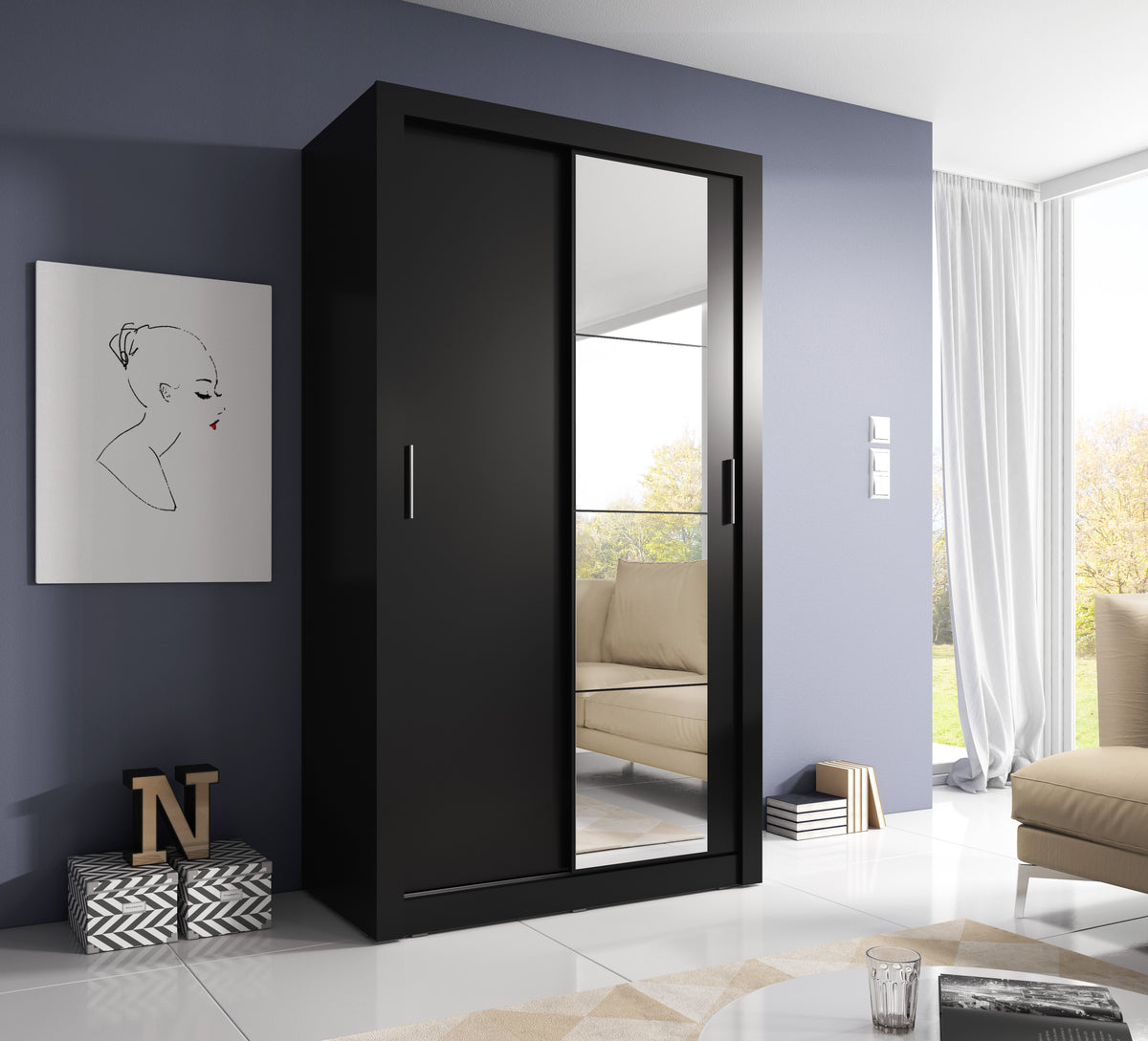 Black sliding door wardrobe with two metal handles and vertical glass-panel doors