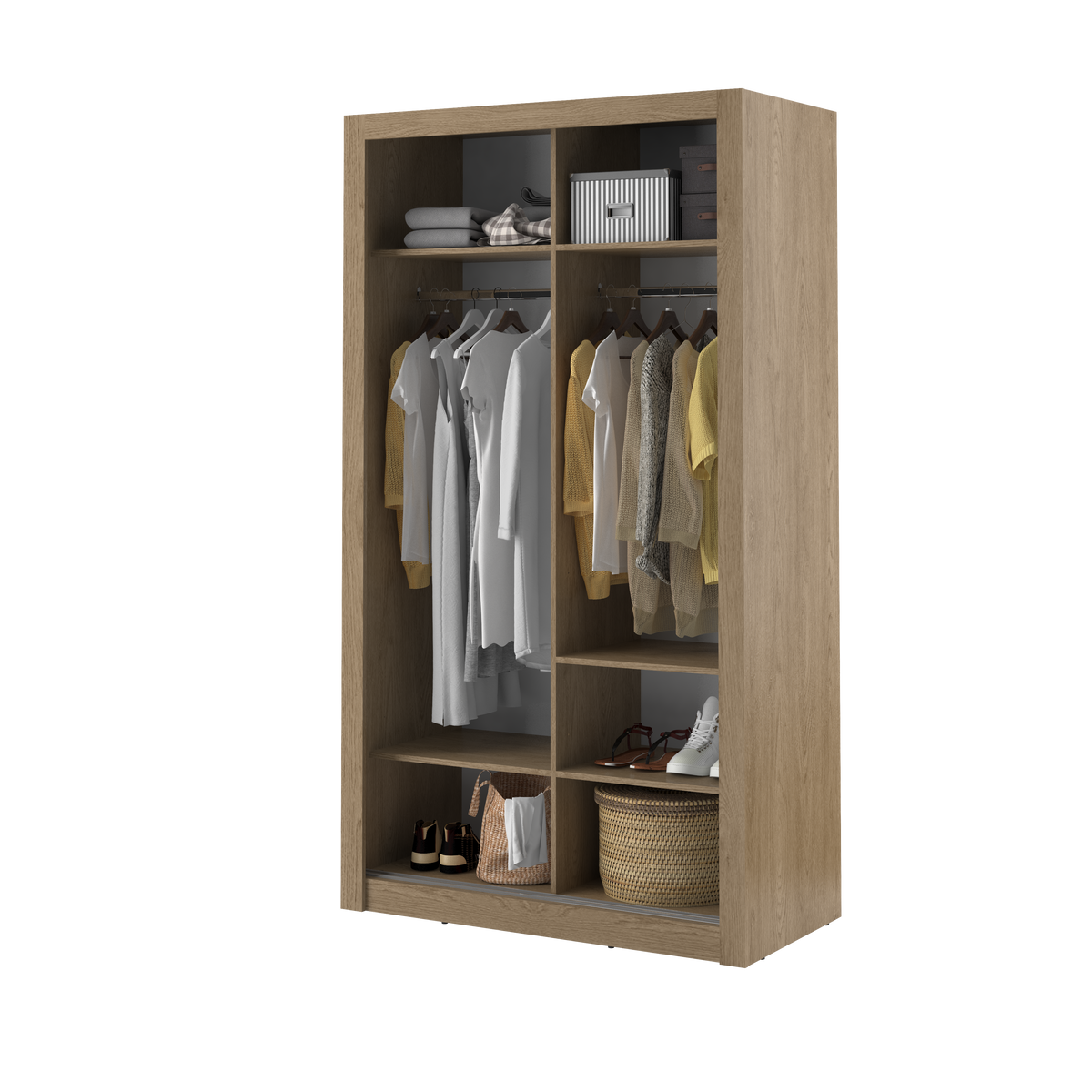 Oak sliding door wardrobe interior with hanging rail and shelves