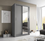 Grey sliding door wardrobe with two metal handles and vertical frosted panels