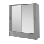 Grey sliding door wardrobe with two drawer base and vertical pull handles