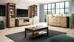 Slim display cabinet in living room, open shelving and two drawers with black trim