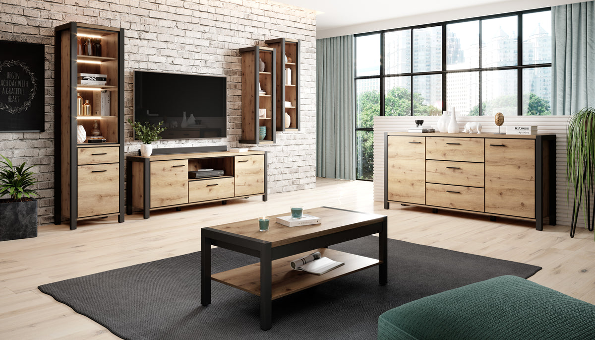 Slim display cabinet in living room, open shelving and two drawers with black trim