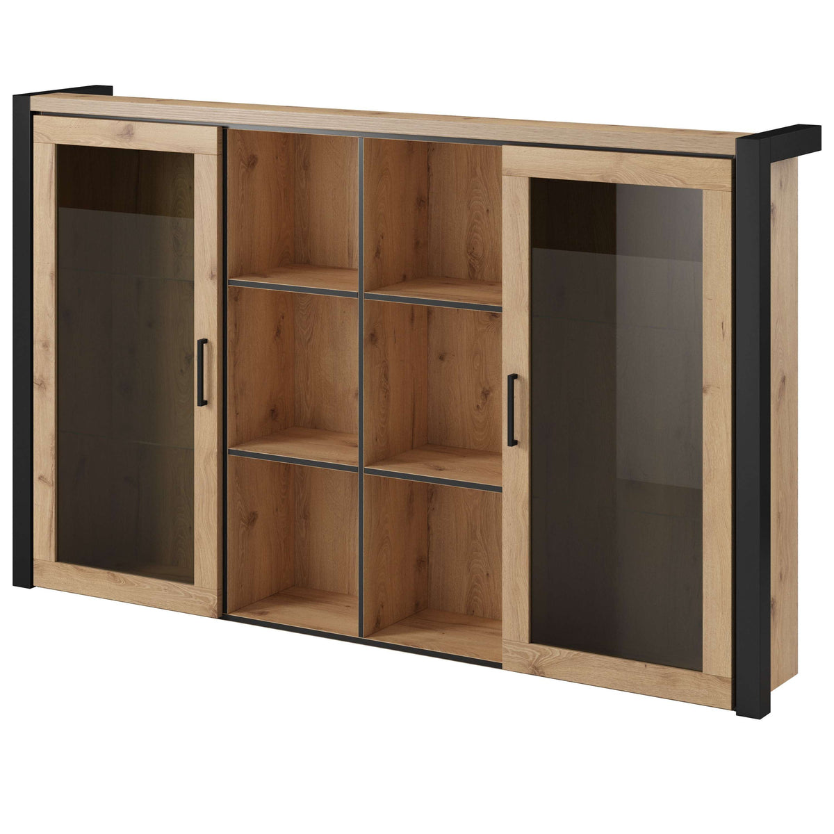 Wood sideboard extension with open shelving center and glass-pane doors, black side legs