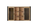 Wood sideboard extension with open center shelves and two glass-pane doors, dark frame