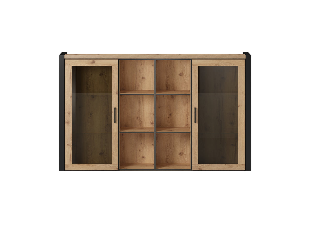 Wood sideboard extension with open center shelves and two glass-pane doors, dark frame