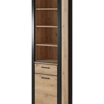 Slim display cabinet with open shelving and two drawers, light wood front and black legs