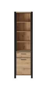 Slim shelving cabinet with two drawers at bottom, wood interior and dark side frame