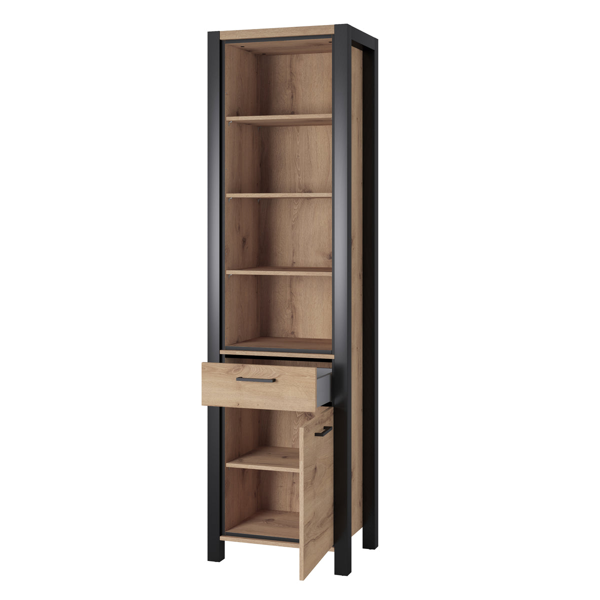 Slim display cabinet with open shelves and two drawers, dark frame and wood panels