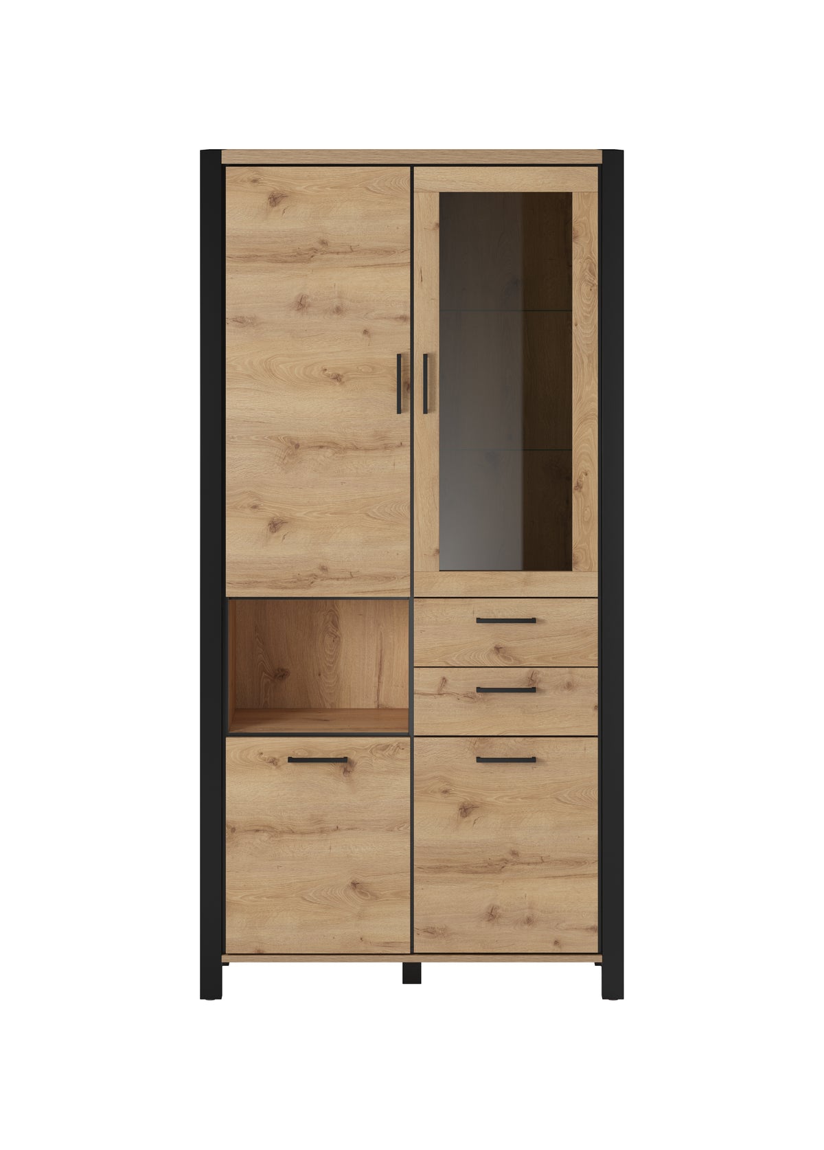 Double display cabinet with two-tone finish, upper glass door, lower drawers, dark legs