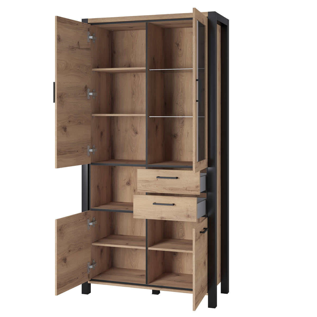 Double display cabinet, open shelves and compartments, light oak panels, dark sides