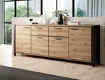 Wood sideboard with black frame, drawers and cabinet doors, wide storage