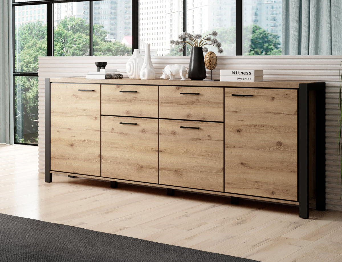 Wood sideboard with black frame, drawers and cabinet doors, wide storage