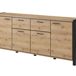 Wood sideboard with black legs and frame, multiple drawers and cabinet doors