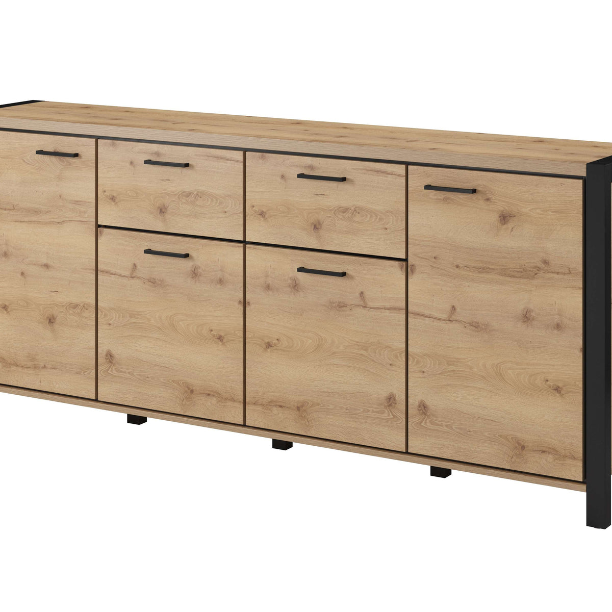 Wood sideboard with black legs and frame, multiple drawers and cabinet doors