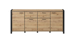 Wood sideboard with black frame, multiple drawers and cabinet doors, front view