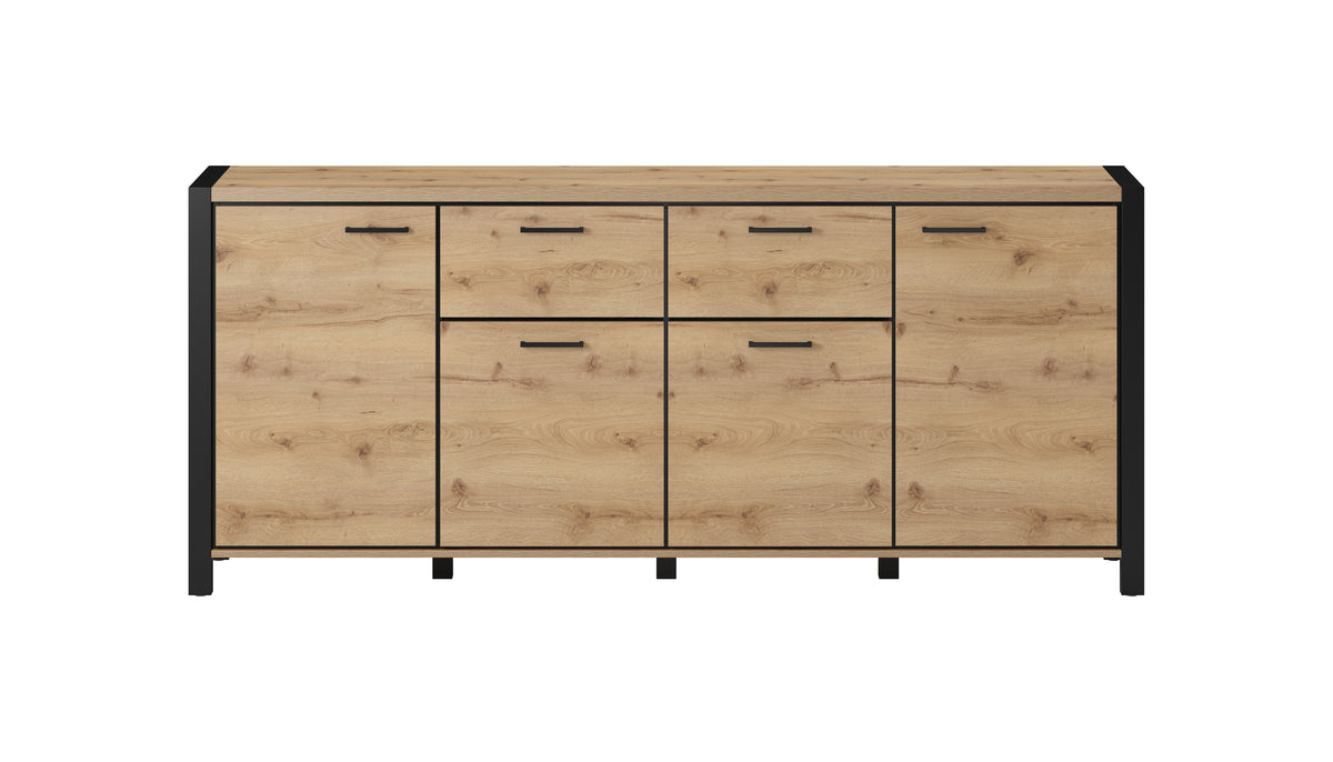 Wood sideboard with black frame, multiple drawers and cabinet doors, front view