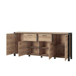 Wide wood sideboard with black frame, open doors showing interior shelves