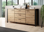 Light wood sideboard with 2 cabinet doors, 3 drawers, and black metal legs