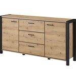 Light oak sideboard with 3 drawers and 2 doors, supported by black legs