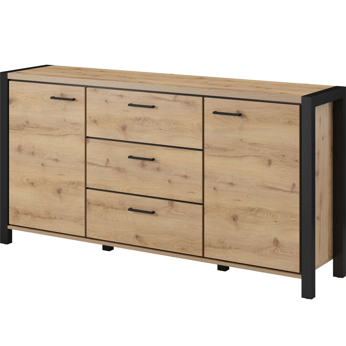 Light oak sideboard with 3 drawers and 2 doors, supported by black legs