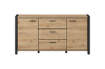 Light wood sideboard with two cabinet doors, three drawers, and black frame legs