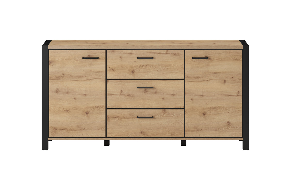 Light wood sideboard with two cabinet doors, three drawers, and black frame legs