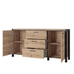 Sideboard with open shelves, 2 door cabinets, and 3 drawers, black legs