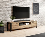 Wood-look TV cabinet with black legs, two doors, open center shelf and drawers