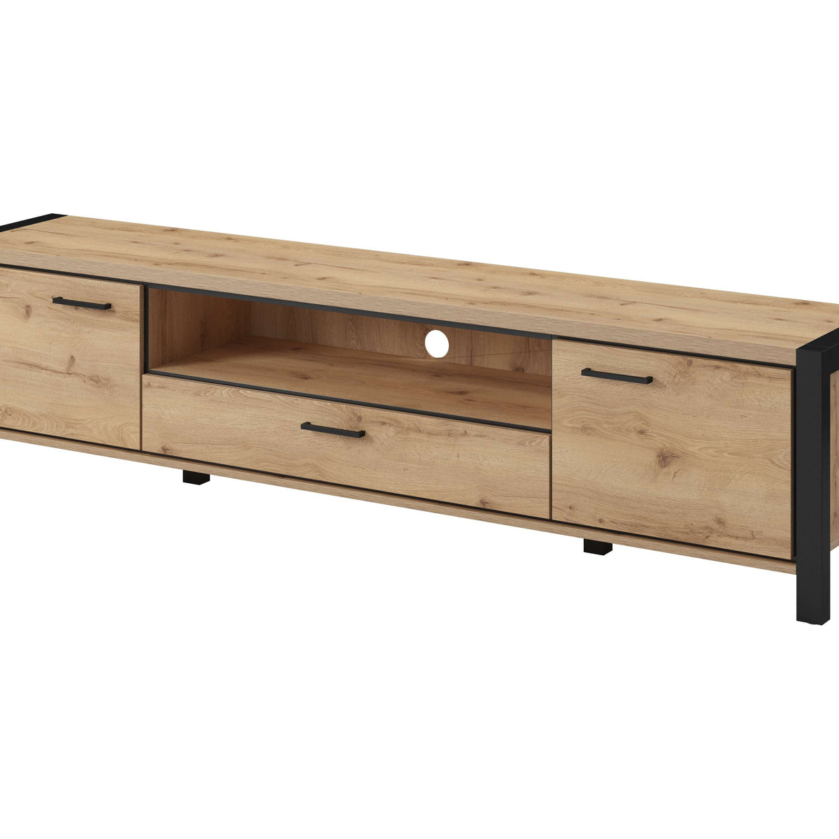 Long TV cabinet with wood-look body, black corner posts, open media shelf and drawers