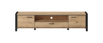 Low TV cabinet with wood-look finish, black frame, three drawers and center opening