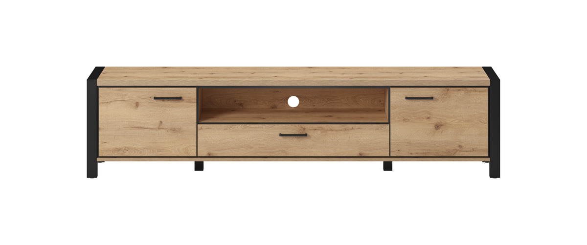 Low TV cabinet with wood-look finish, black frame, three drawers and center opening