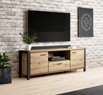 Short TV cabinet with open center shelf and two drawers, wood-look finish and black legs