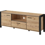 Low TV cabinet, wood-look body with open shelf center, two drawers, and black metal legs