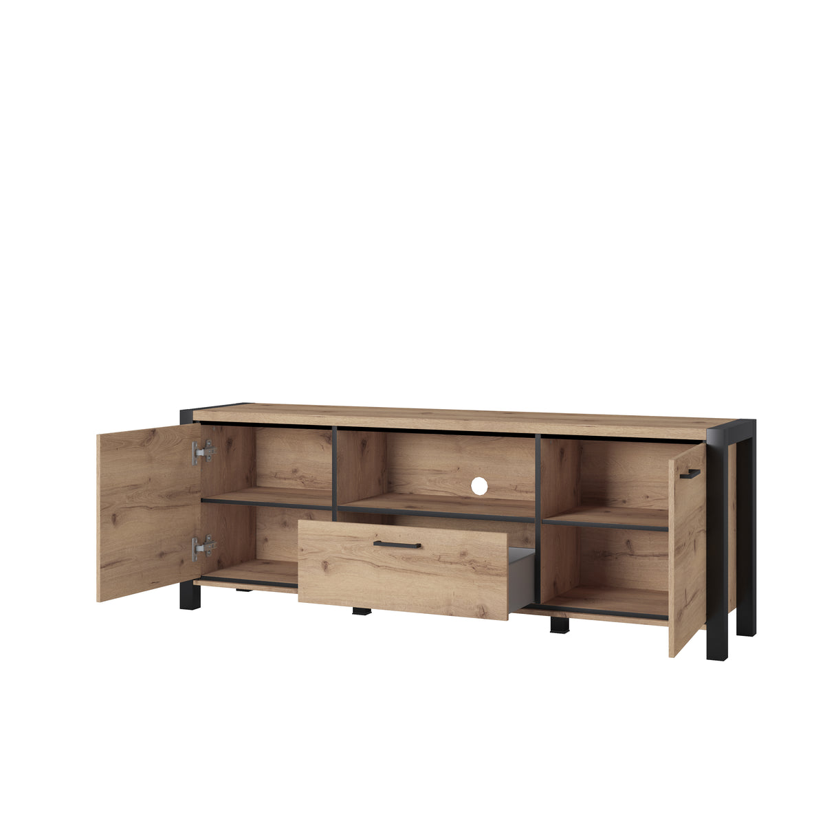 Long TV cabinet with wood-look panels, black legs, open shelves and drawers