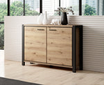 Light wood sideboard cabinet with two doors, black legs, and slim bar handles
