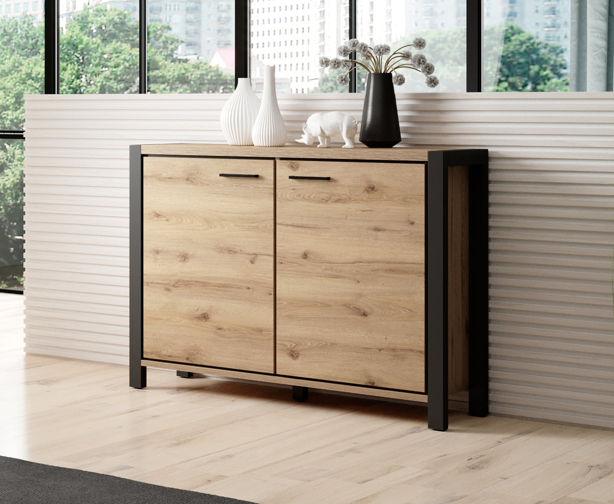Light wood sideboard cabinet with two doors, black legs, and slim bar handles