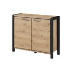 Light wood two-door sideboard with black legs and top surface, bar handles