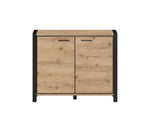 Light wood sideboard cabinet with two doors and black frame, bar drawer pulls