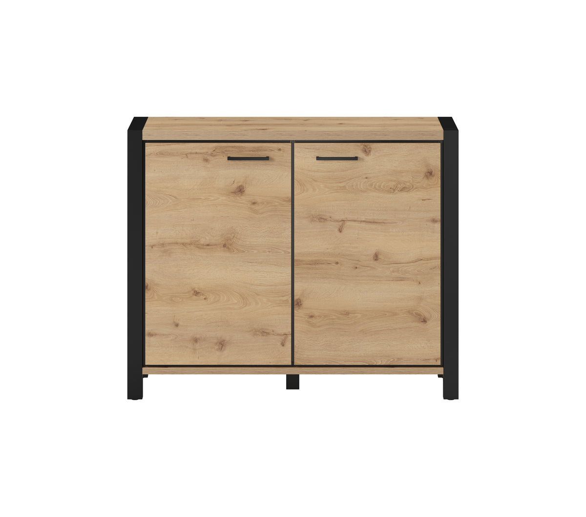Light wood sideboard cabinet with two doors and black frame, bar drawer pulls