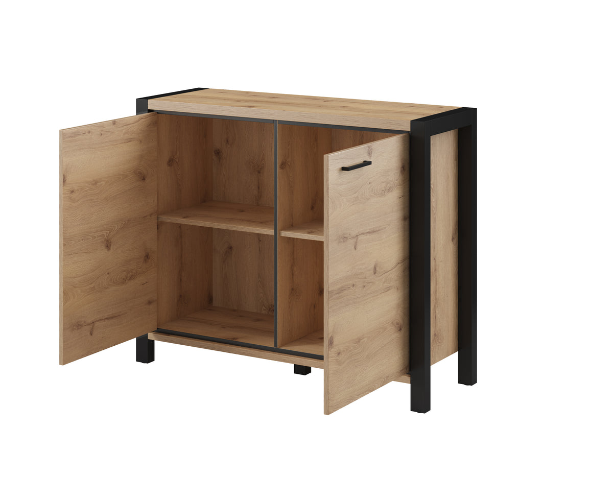 Two-door sideboard with one open compartment, light wood interior, black legs
