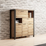 Wood highboard cabinet with dark side panels, open shelf, drawers, and two cabinet doors