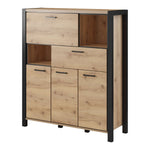 Wood highboard cabinet with dark legs and frame, featuring one drawer and three cabinet doors