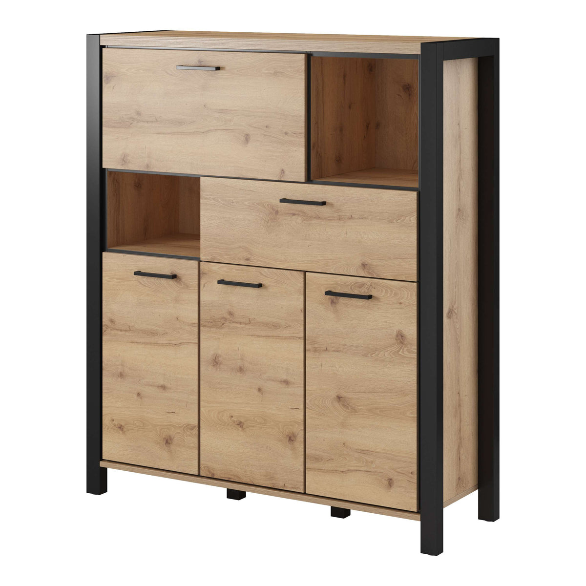 Wood highboard cabinet with dark legs and frame, featuring one drawer and three cabinet doors