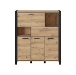 Wood highboard with dark frame: top drawer, open shelf, and three front cabinet doors