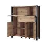 Open wood highboard with dark frame showing interior shelves, drawers, and cabinet compartments