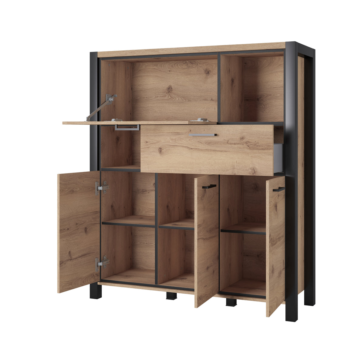 Open wood highboard with dark frame showing interior shelves, drawers, and cabinet compartments