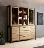 Wood sideboard with open shelves, glass doors, and six drawers, dark metal frame