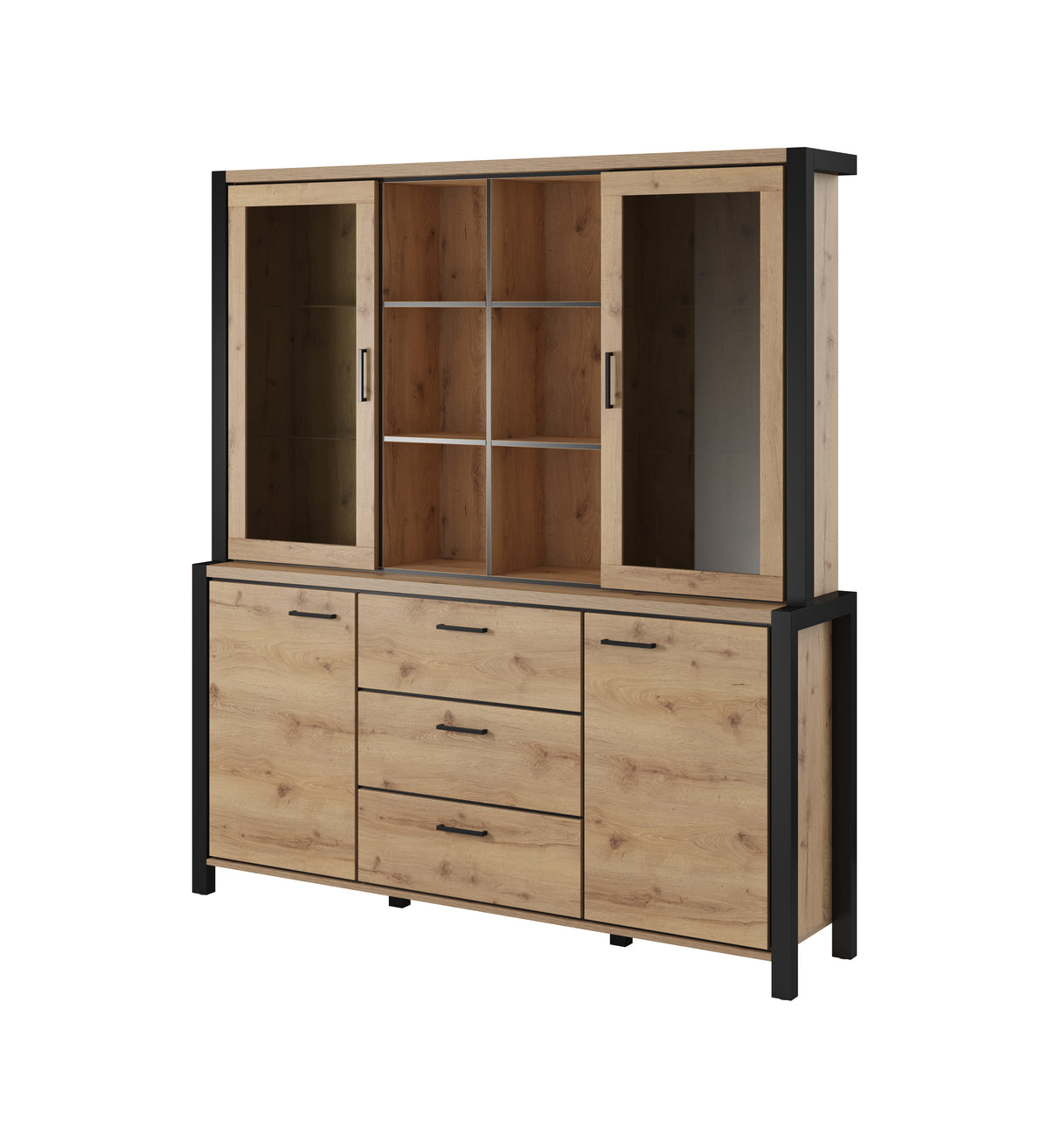 Wood sideboard extension with upper glass doors, open shelves, and drawer storage base