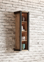 Wall-mount hanging cabinet with open door, wood interior, and visible shelves