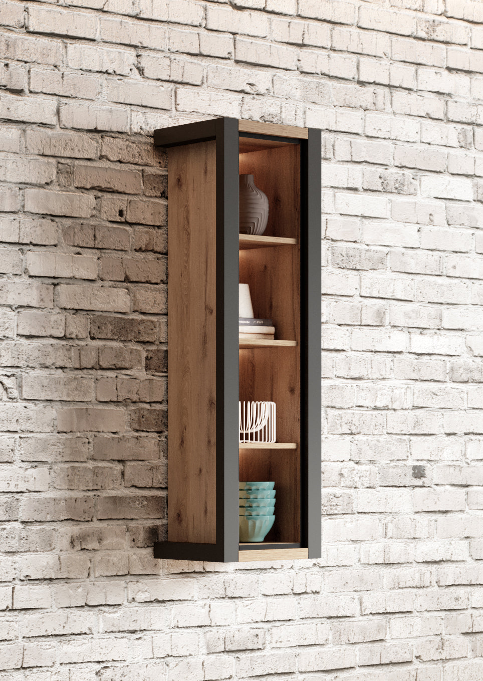 Wall-mount hanging cabinet with open door, wood interior, and visible shelves